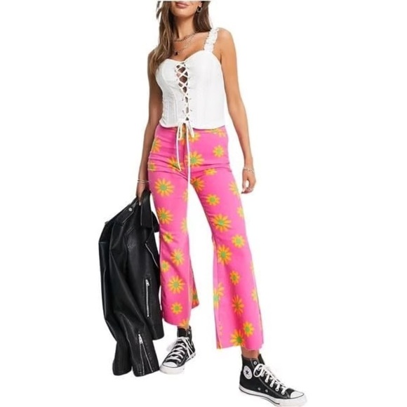 Free People Youthquake super flare groovy retro floral hot pink cropped jeans - Picture 3 of 5